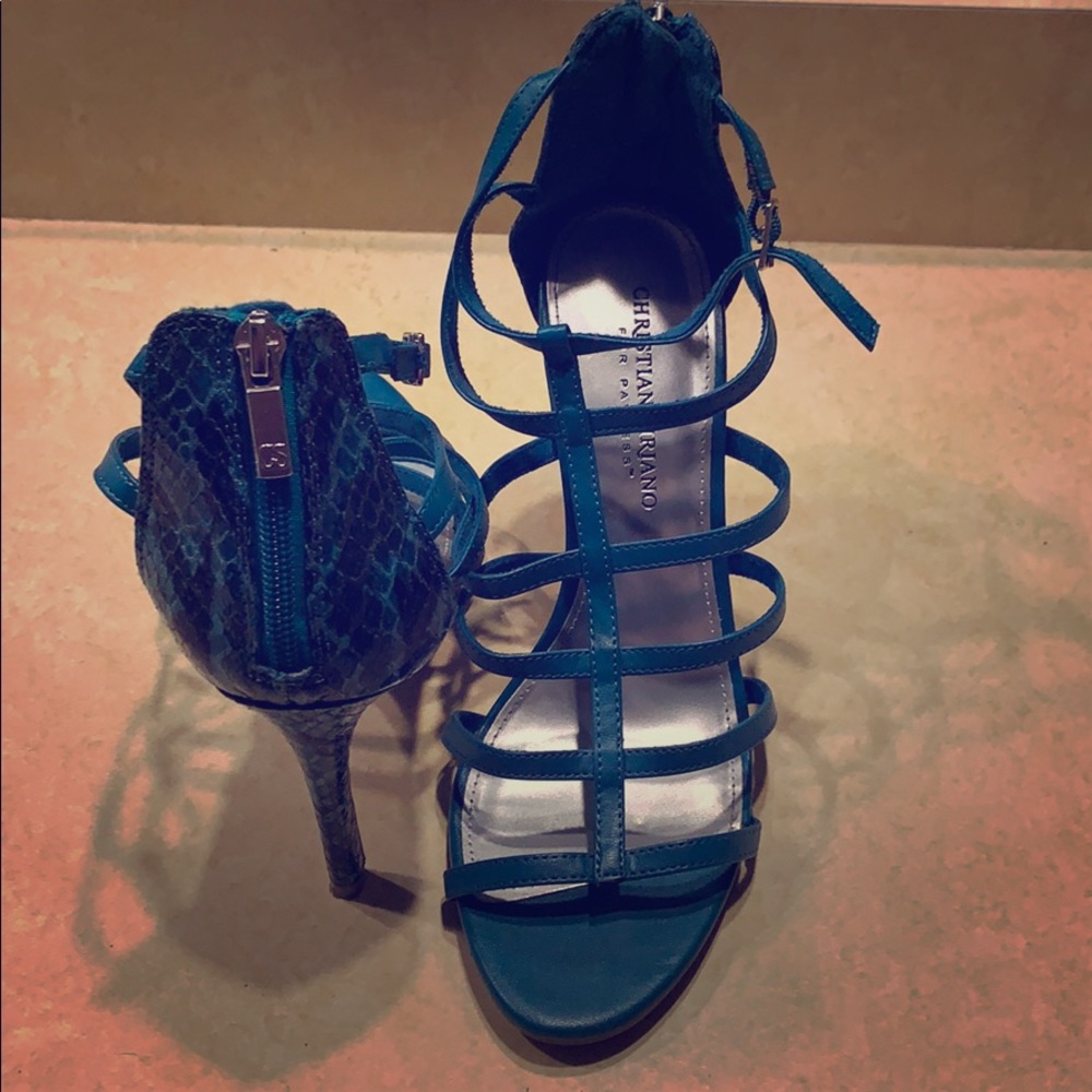 Turquoise Snake Skin Strappy Stilettos